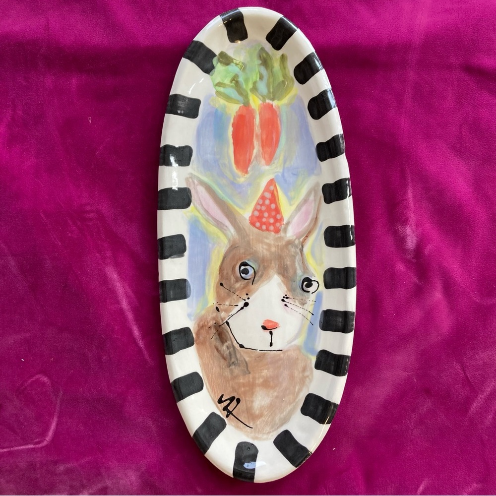Handmade Ceramic Serving Tray” Bunny with Carrots “ 12.5”x5.5”Original